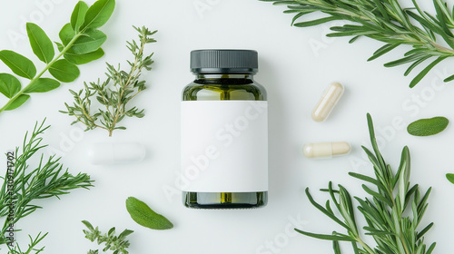 Jars for medicinal herbs, attractive, eco-friendly packaging and clear white label with no text on green and white background with plant leaves