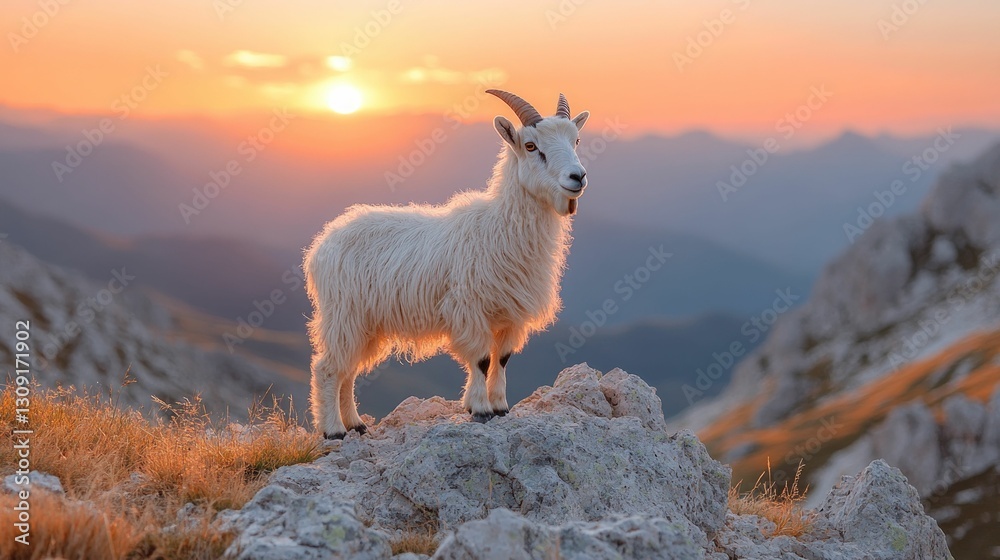 Fototapeta premium Majestic mountain goat sunset silhouette