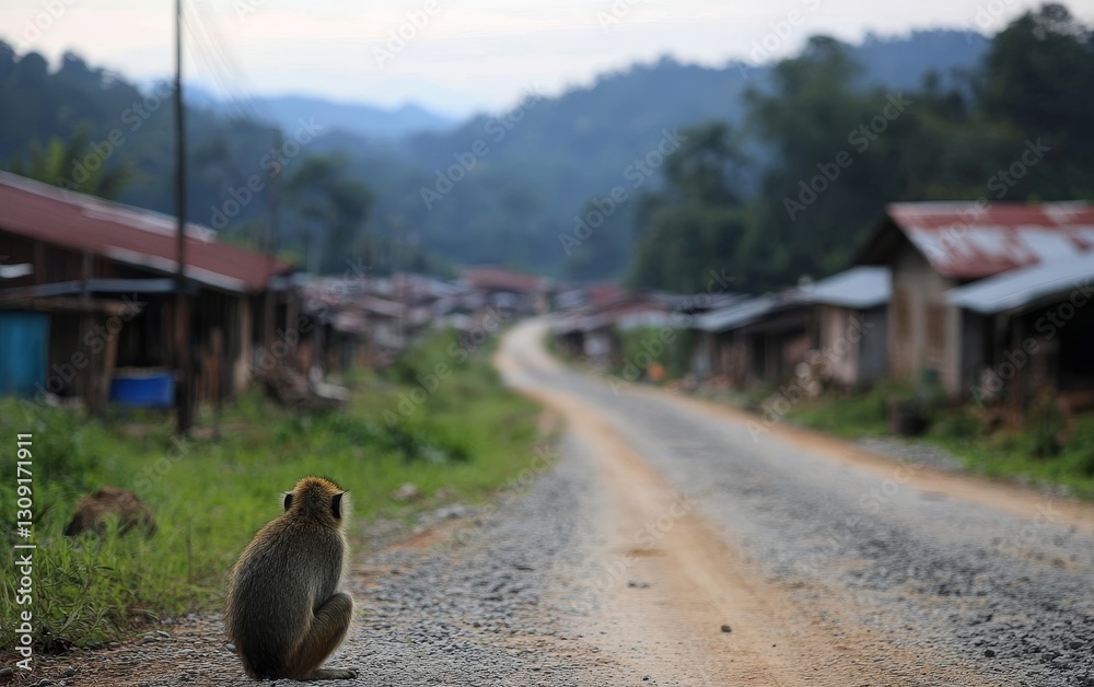 Fototapeta premium A solitary monkey sits by a dirt road in a rural village, surrounded by mountains and houses