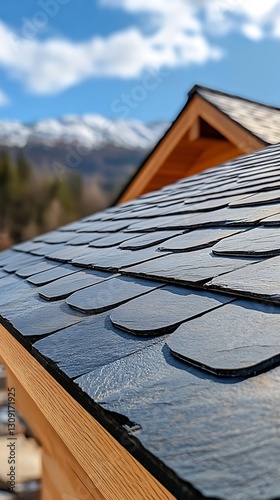 Slate roof atop cabin with mountain backdrop