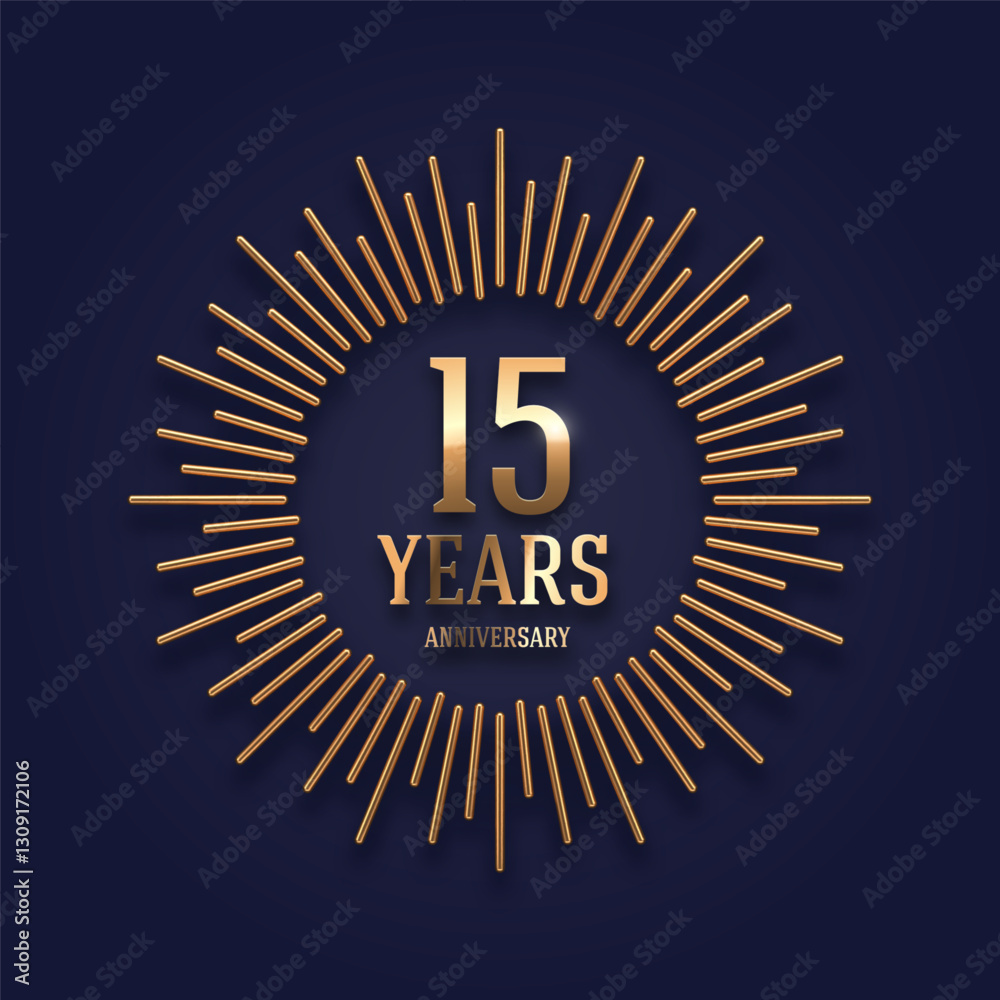 Fototapeta premium 15 years Anniversary golden logo with realistic 3d gold metal sunburst rays. Vector illustration.
