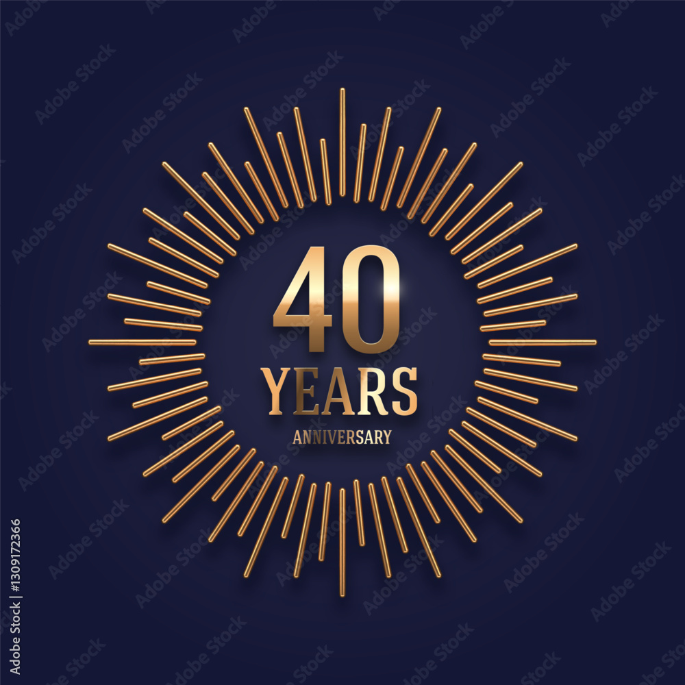 Fototapeta premium 40 years Anniversary golden logo with realistic 3d gold metal sunburst rays. Vector illustration.