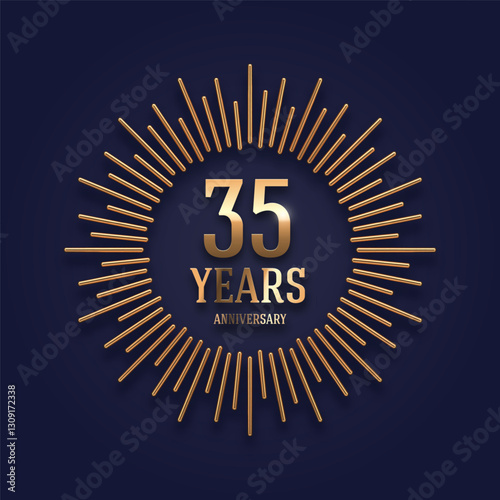 35 years Anniversary golden logo with realistic 3d gold metal sunburst rays. Vector illustration.