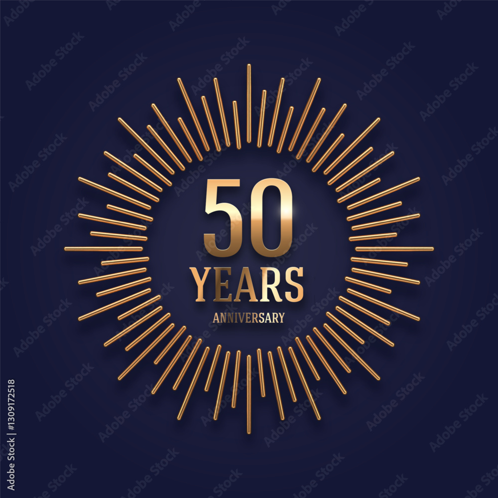 Fototapeta premium 50 years Anniversary golden logo with realistic 3d gold metal sunburst rays. Vector illustration.