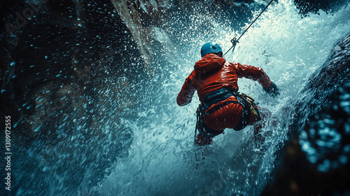 Adventurous Canyoning Thrilling Descent Through a Water Filled Gorge Extreme Sports Rugged Terrain Dynamic Action Shot Water Cascade