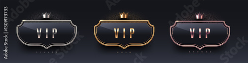 3d VIP sign with metal frame and crown. Gold, silver and bronze metallic luxury sign on black background. Vector set.