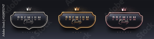 Premium quality 3d shield shape sign with metal frame and crown. Gold, silver and bronze metallic luxury premium quality sign on black background. Vector set.