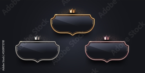 3d luxury shield sign with metal frame and crown. Gold, silver and bronze metallic luxury sign on black background. Vector set.