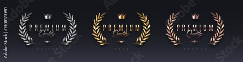 Premium quality 3d sign with metallic laurel wrealth and crown. Gold, silver and bronze metal luxury premium quality sign on black background. Vector set.