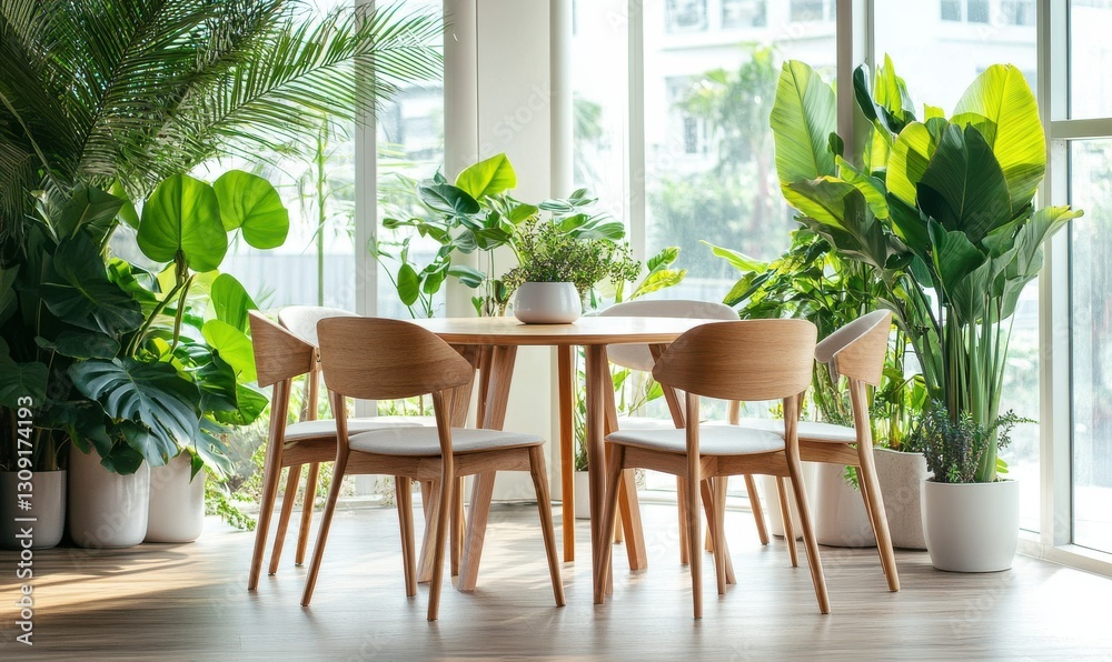 Fototapeta premium Bright modern dining area with natural wood furniture, vibrant plants, and sunlight streaming through large windows for a fresh and inviting design