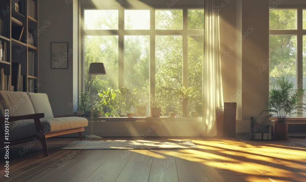 Fototapeta premium Bright modern living room with sleek furniture, natural wood flooring, and sunlight streaming through large windows creating a fresh and airy space