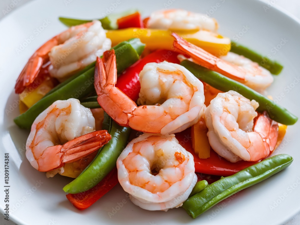 Delicious shrimp stir-fry with colorful vegetables in a white plate.