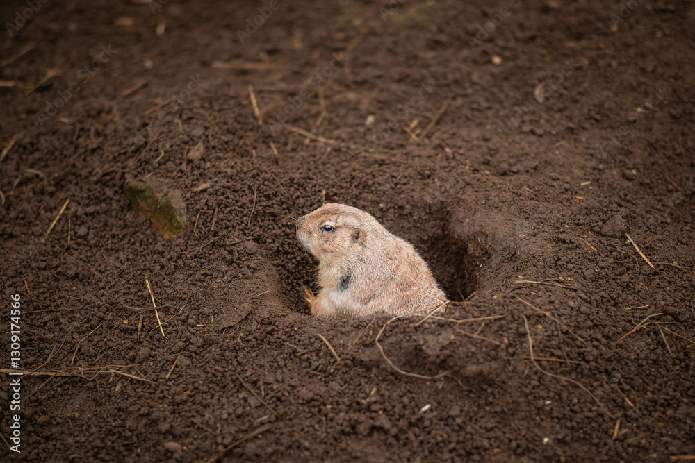 Obraz premium Little Black-Tailed Prairie Dog in Zoo. Cute Furry Cynomys Ludovicianus in Zoological Garden. Rrodent of the Family Sciuridae in Brown Hole Ground.