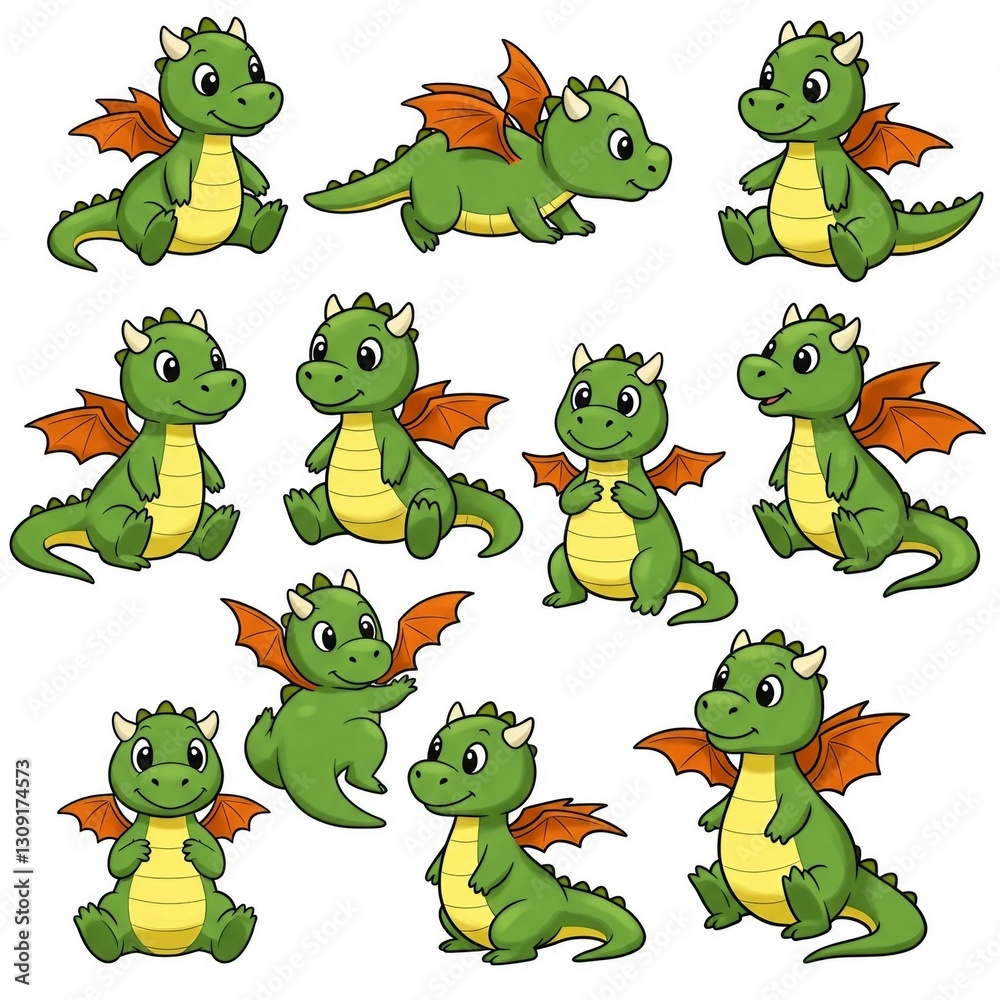Obraz premium Cute cartoon dragon character with different poses. Set of dragons isolated on white background.