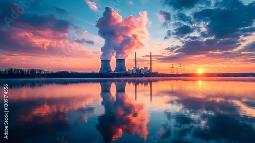 A picturesque view of a nuclear plant by a lake or river, with its reflection in the water photo