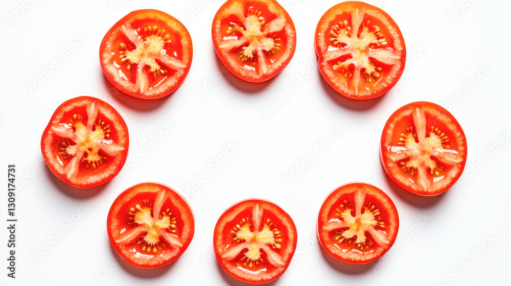 Circular arrangement of fresh tomato slices on white background Circular arrangement of fresh tomato slices on white background