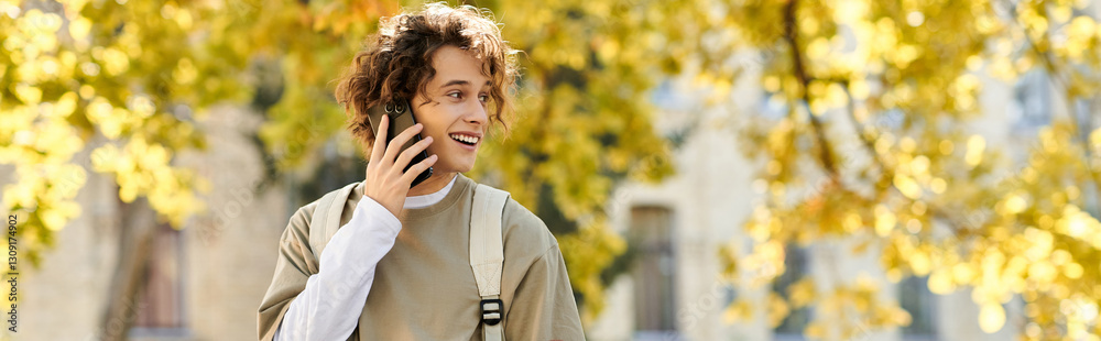 Stylish young man enjoying a sunny autumn day while chatting on his phone in a vibrant park Stylish young man enjoying a sunny autumn day while chatting on his phone in a vibrant park