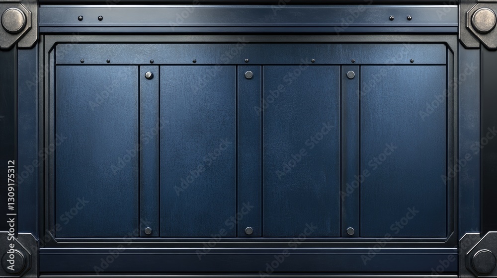 Fototapeta premium A modern dark blue metal workshop background with deep grooves and polished steel.