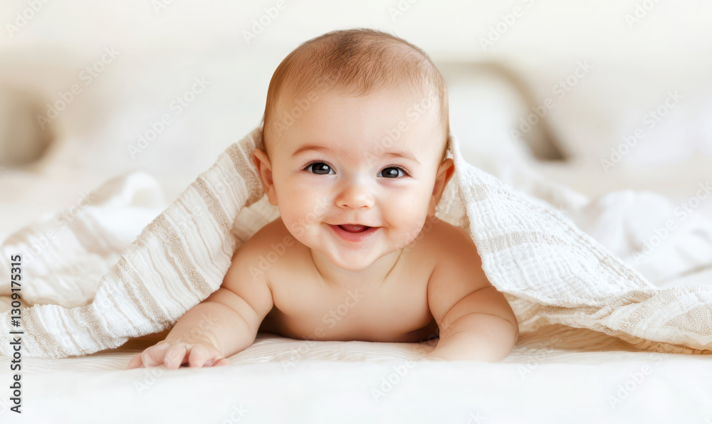 Cherishing the Joy of Childhood: Adorable Baby Smiling Under a Soft Blanket Cherishing the Joy of Childhood: Adorable Baby Smiling Under a Soft Blanket