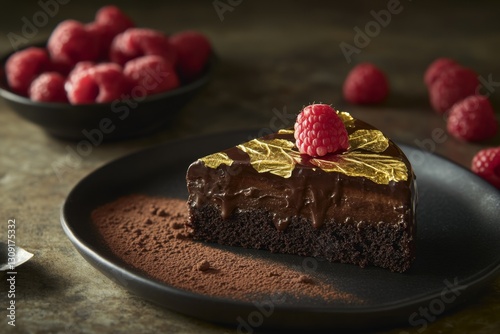 Luxurious chocolate cake slice with edible gold leaf and fresh raspberry garnish - indulge in gourmet dessert photography photo