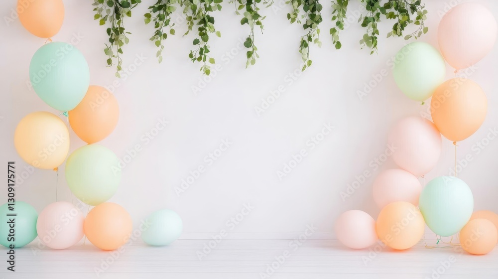 Fototapeta premium Pastel balloons adorning white wall, green vines hanging, creating festive backdrop over clean wooden floor, perfect for celebration scene