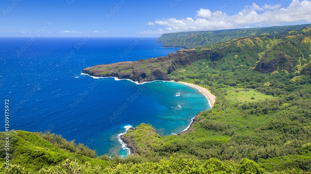 Obraz premium Secluded Tropical Beach Cove with Lush Green Cliffs and Azure Ocean