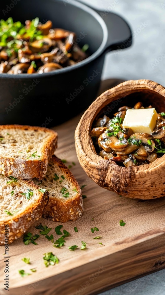 Velvety forest mushroom paste with butter served in a walnut shell alongside rustic whole-grain toast slices Velvety forest mushroom paste with butter served in a walnut shell alongside rustic whole-grain toast slices