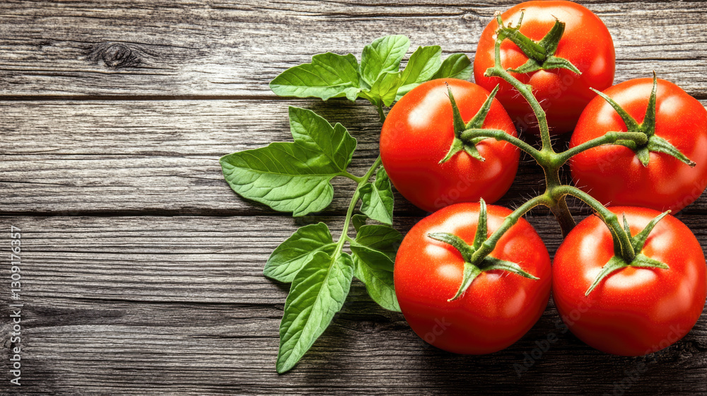 Fresh red tomatoes with green leaves on rustic wooden surface Fresh red tomatoes with green leaves on rustic wooden surface