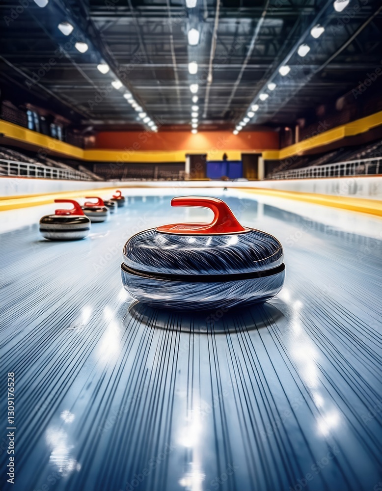 Obraz premium Curling stones glide on a slick ice surface in a well-lit indoor arena during a competition