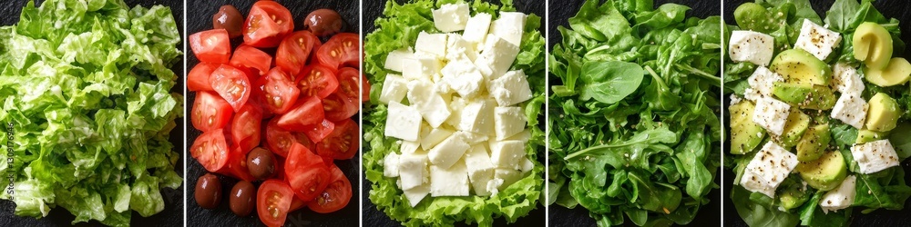 Fresh Healthy Vegetarian Salads Collage. Tasty Vegan Seasonal Food. Different Ingredients Closeup. Fresh Healthy Vegetarian Salads Collage. Tasty Vegan Seasonal Food. Different Ingredients Closeup.