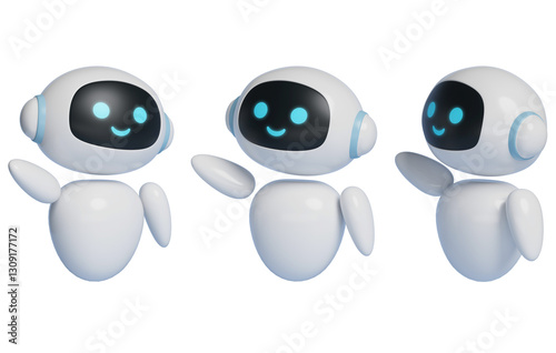 3D graphics of AI robot character guiding pose with smiling face
