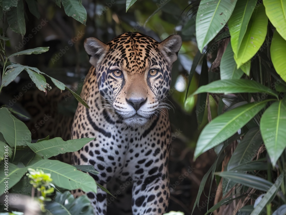 Naklejka premium A striking jaguar peers through lush green foliage, showcasing its vibrant coat and intense gaze.
