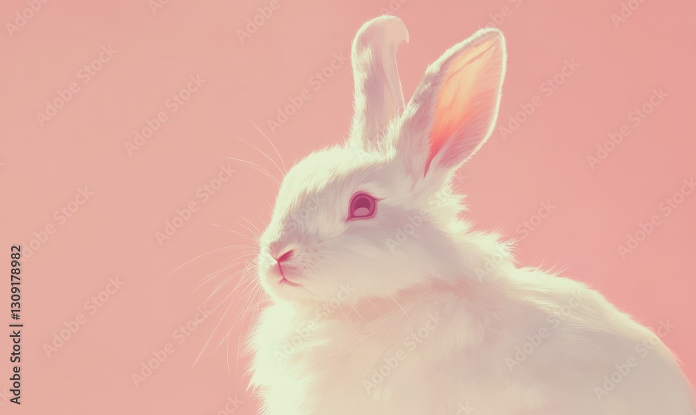 Obraz premium Fluffy white rabbit with a soft pink background, its fur illuminated softly to create an endearing and whimsical portrait