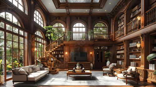 Interior of living room with television and wooden furniture