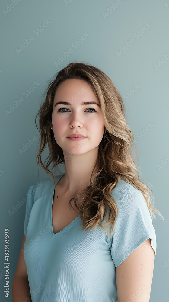 A woman with long brown hair and blue shirt is smiling for the camera A woman with long brown hair and blue shirt is smiling for the camera