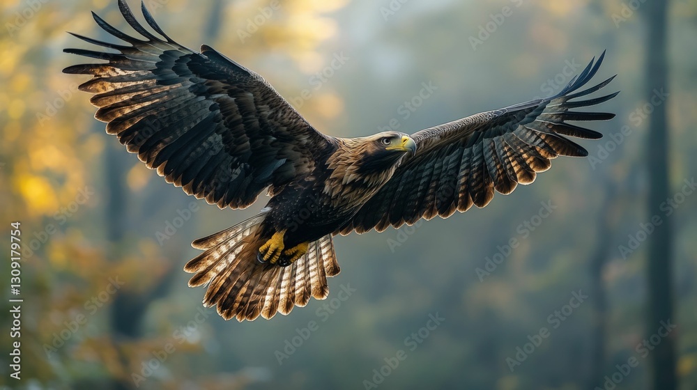 Majestic eagle soaring, wings spread wide, autumn backdrop Majestic eagle soaring, wings spread wide, autumn backdrop