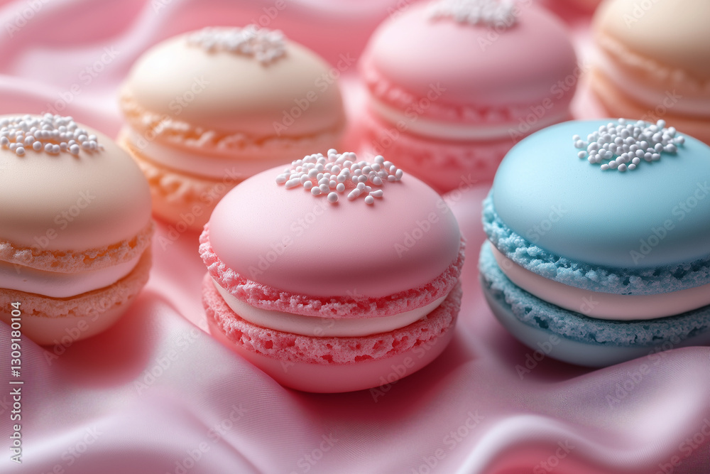 Fototapeta premium Colorful macarons with delicate toppings arranged on a soft pink fabric