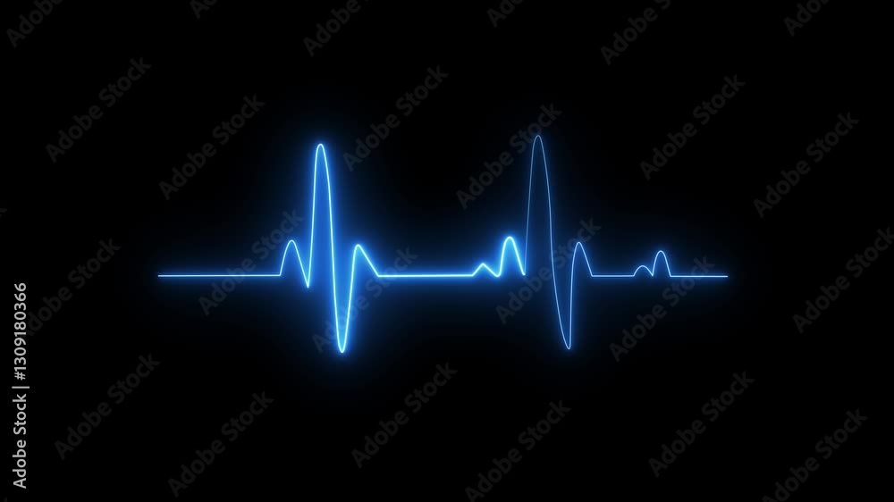 blue Heart pulse light transparent effect animation, electrocardiogram. Neon light line template. Black background	