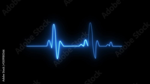 blue Heart pulse light transparent effect animation, electrocardiogram. Neon light line template. Black background	