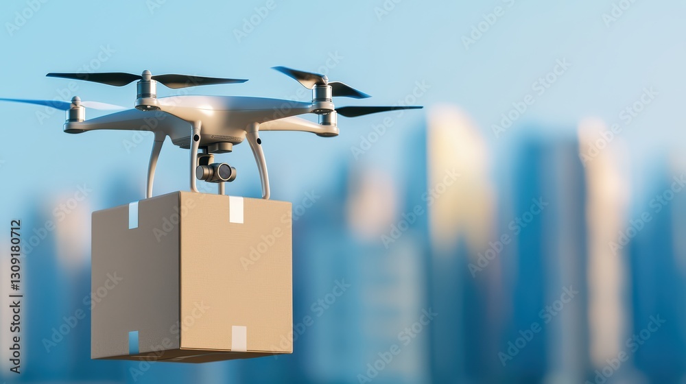 Fototapeta premium Autonomous Drone Delivering Package Over Urban Landscape in Bright City Environment