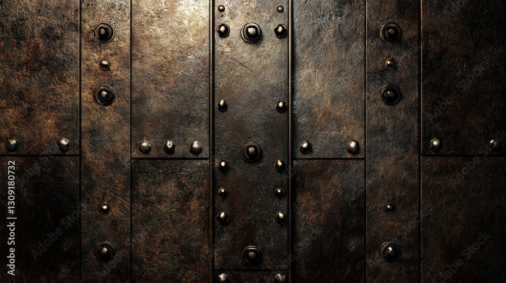 Fototapeta premium A structured brown industrial metal wall with embossed steel textures and rivets.