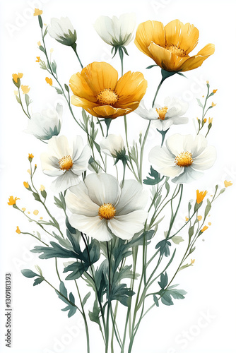 Delicate watercolor illustration of a bouquet with white and yellow flowers on a light background