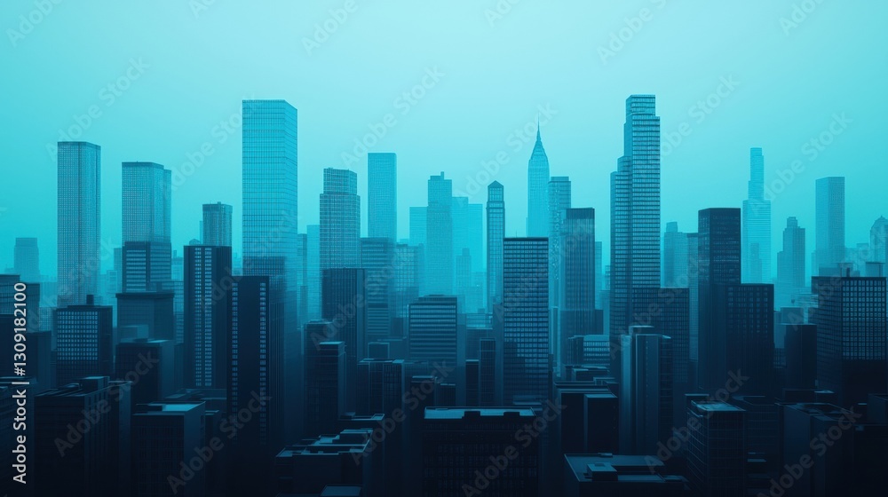 A misty skyline featuring tall buildings under a blueish hue, creating a futuristic and serene urban atmosphere. A misty skyline featuring tall buildings under a blueish hue, creating a futuristic and serene urban atmosphere.