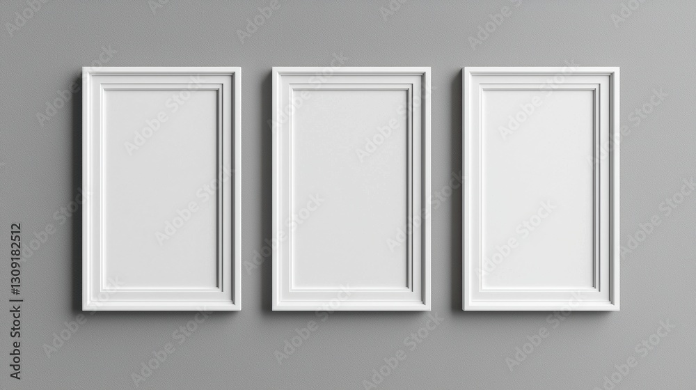 Three empty, elegantly designed white frames aligned against a gray wall, ready for artwork or photographs. Three empty, elegantly designed white frames aligned against a gray wall, ready for artwork or photographs.