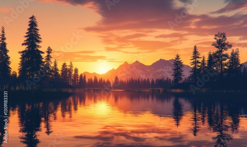 Serene evening landscape of a glowing orange sunset reflected in calm water, with silhouettes of trees and mountains in the background
