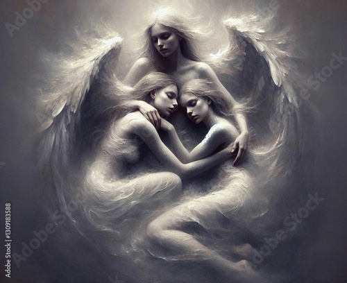 Beautiful ethereal illustration of three angels enveloped in divine light, symbolizing grace, delicacy, and serenity. This celestial artwork exudes warmth and unity within a dreamlike heavenly realm.
