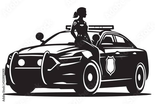 Strong Police Officer Silhouette Leaning on Patrol Car Vector Illustration