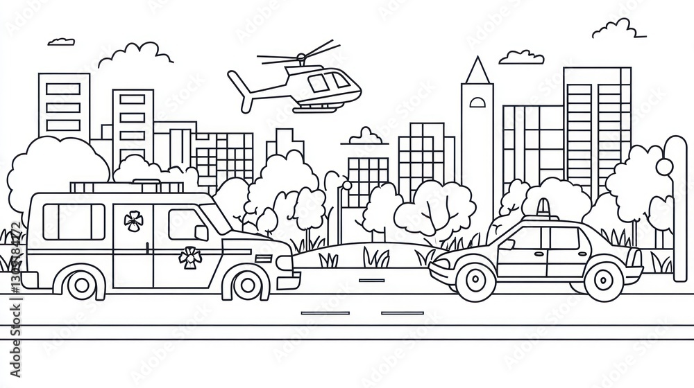 Fototapeta premium Urban emergency response scene, simple line art