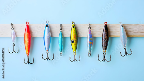 Colorful Fishing Lures Displayed on Wooden Rack Against a Light Blue Background