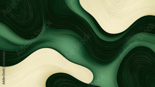 Fototapeta Naklejka Na Ścianę i Meble -  Layered green and beige curves forming organic topographic pattern, representing landscape abstraction with fluid, harmonious design elements